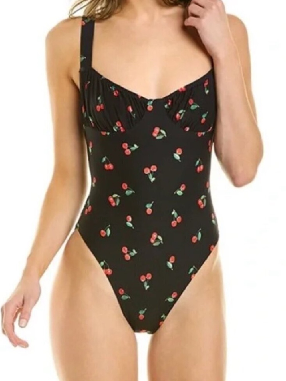 WeWoreWhat Ruched Cup Black Cherry Print One-Piece Swimsuit
